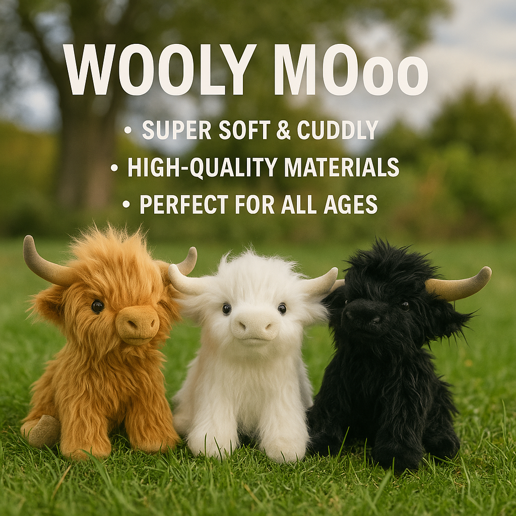 Trio of Wooly Moo™ Highland cow plushies in brown, white, and black colors sitting on grass, Fluffy Haven