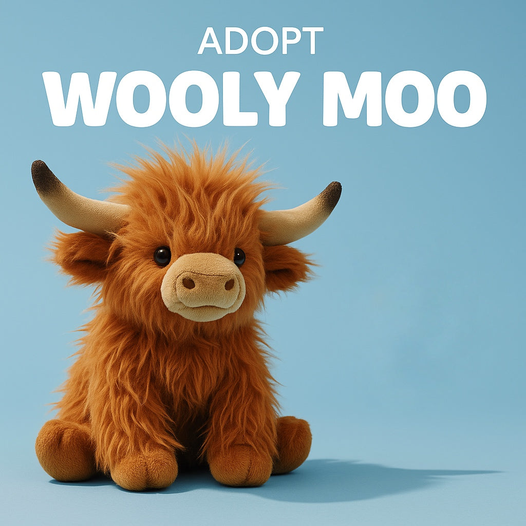 Fluffy brown Wooly Moo™ plushie on light blue background with "Adopt Wooly Moo" text from Fluffy Haven