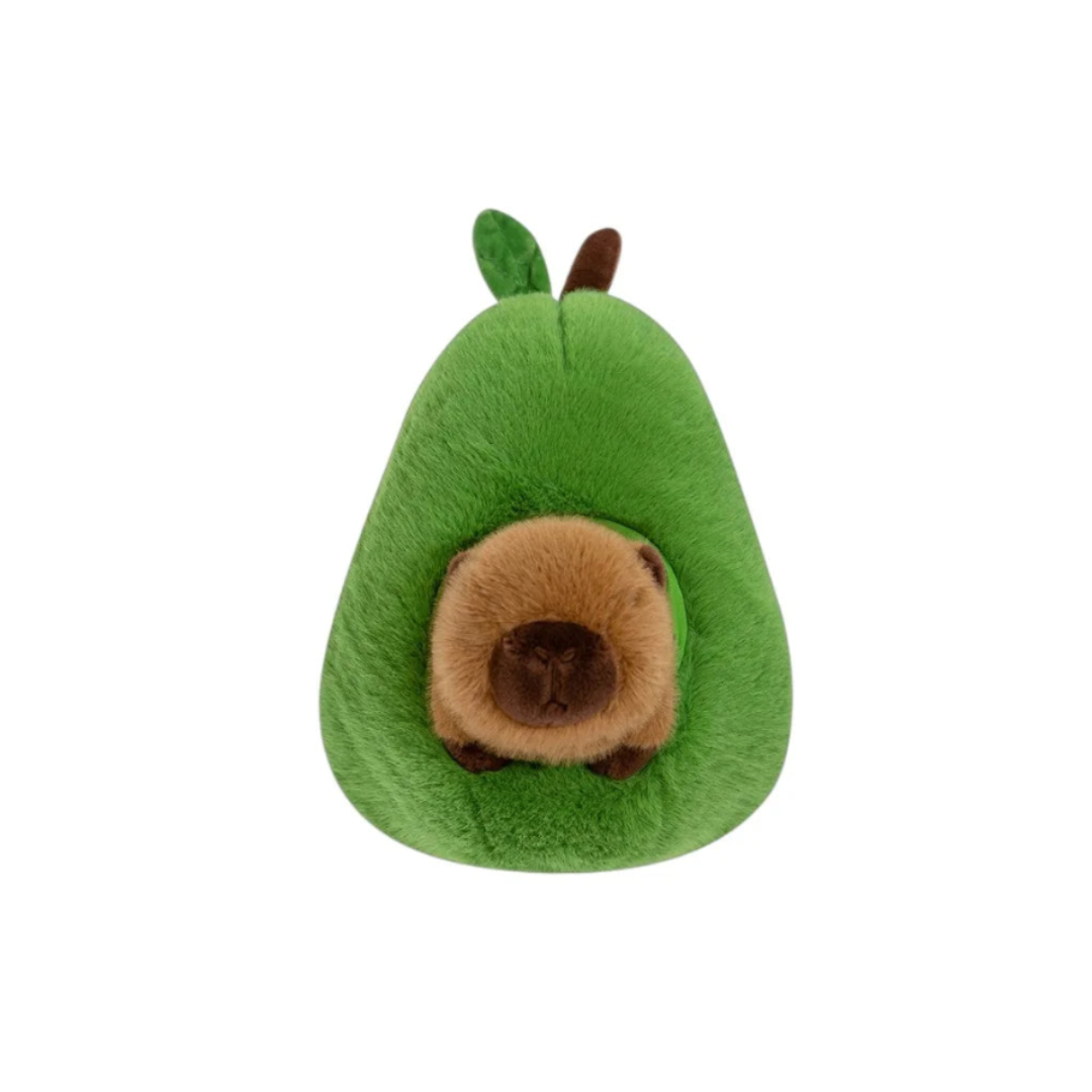 Close-up front view of the Avo Buddy™ avocado plush showing its soft brown pit and leafy top, crafted for maximum huggability.