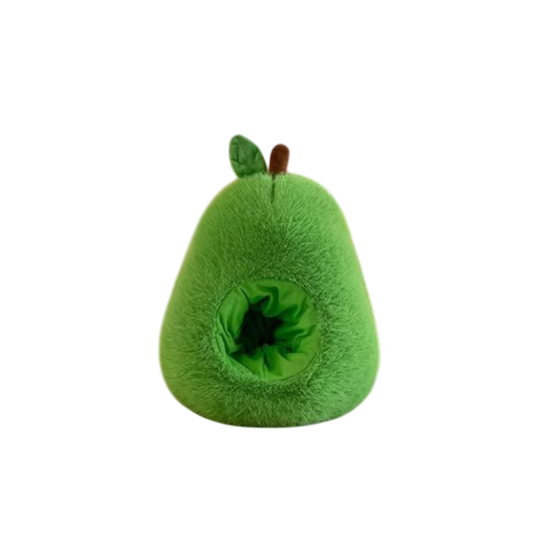 Interior view of the Avo Buddy™ avocado plush showing the cozy hollow where the capybara buddy snugly fits.