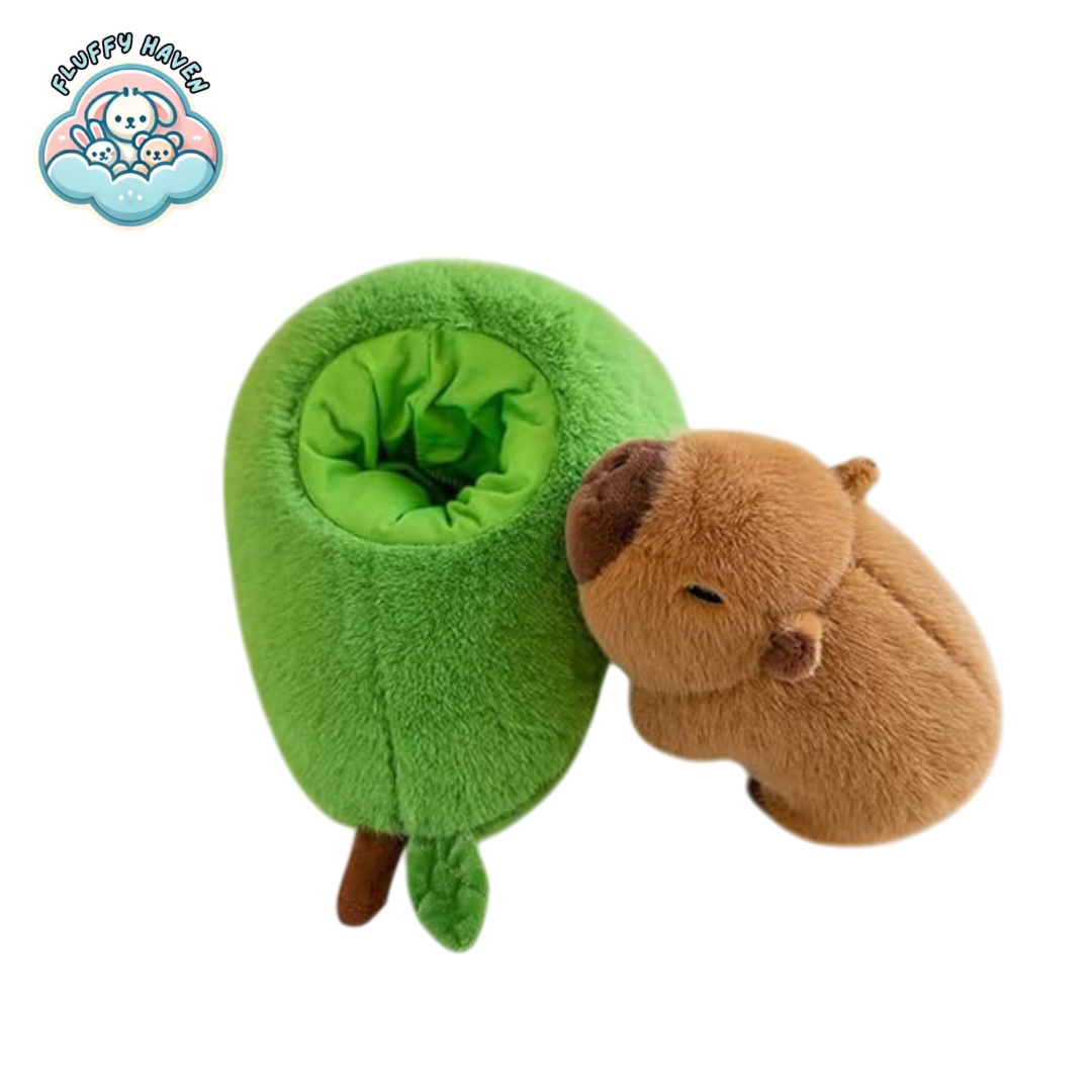 Fluffy Haven's Avo Buddy™ plush set featuring an adorable avocado plush and its cuddly capybara companion side by side.