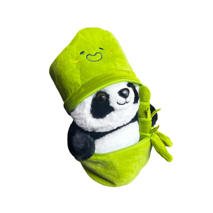 Bamboo Buddy™ panda plush wearing a green bamboo-style hat, hugging a soft bamboo plush—cute and unique gift from Fluffy Haven.