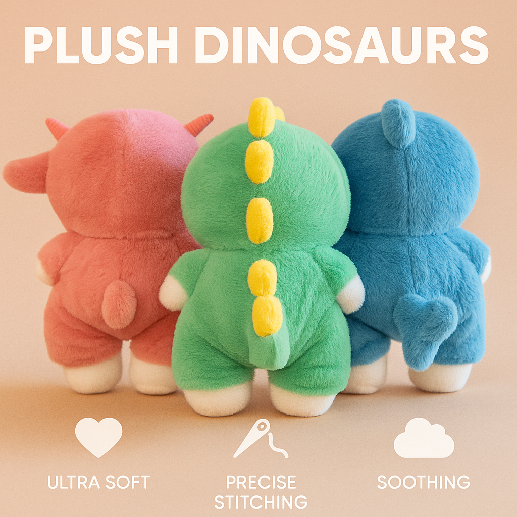 Back view of Fluffy Haven Dino Bear plush collection in pink, green, and blue, showing soft textures and fun dino designs.