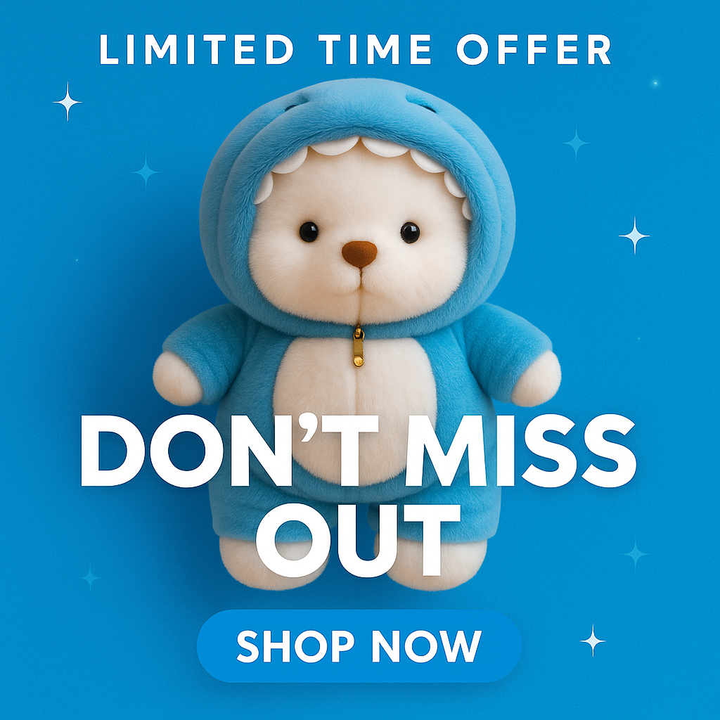 Fluffy Haven promotional image featuring the Blue Dino Bear with "Don’t Miss Out" call-to-action for special plushie offer.