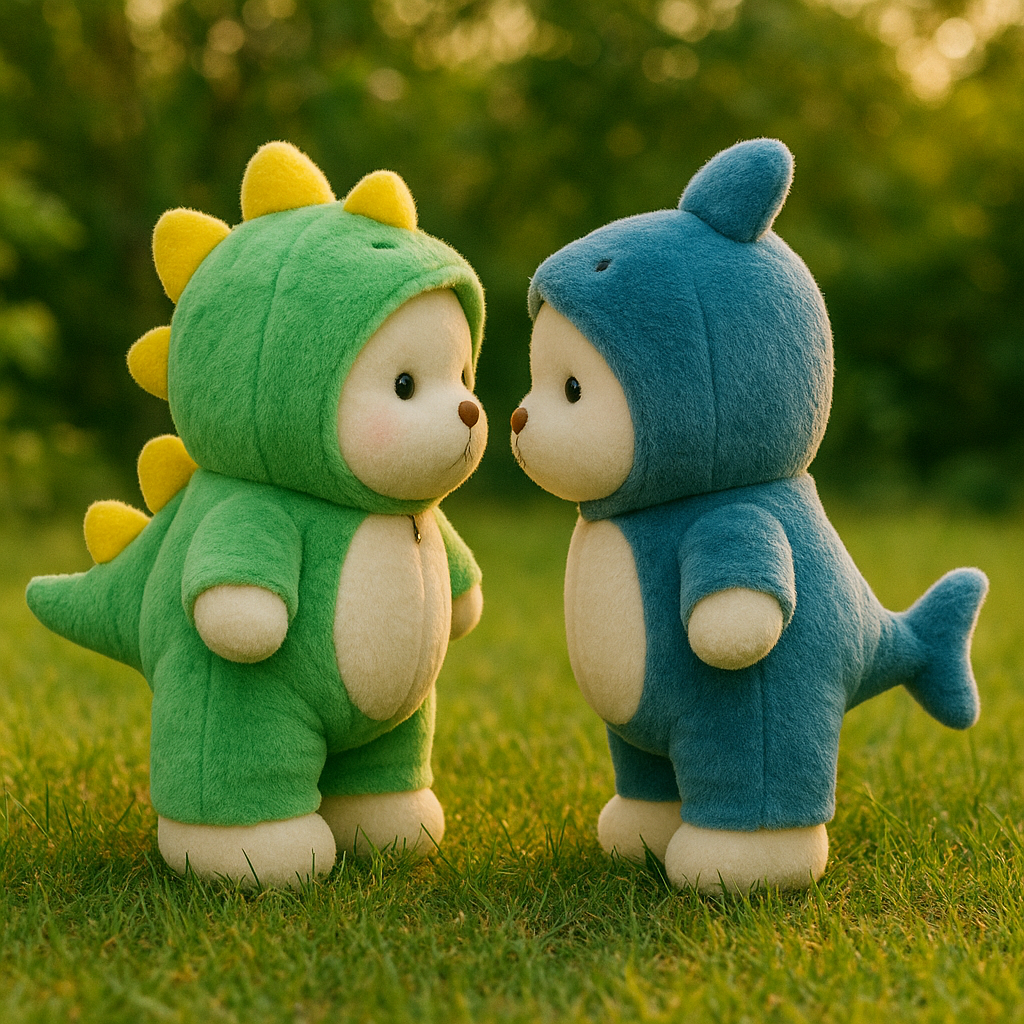 Fluffy Haven Blue and Green Dino Bear plushies facing each other on grass, representing friendship and playful bonding.