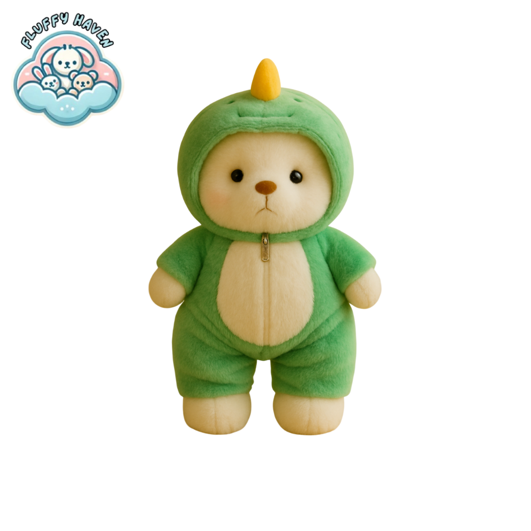Green Fluffy Haven Dino Bear plushie dressed in a bright dinosaur outfit, perfect for children’s bedrooms or as a comfort plush.