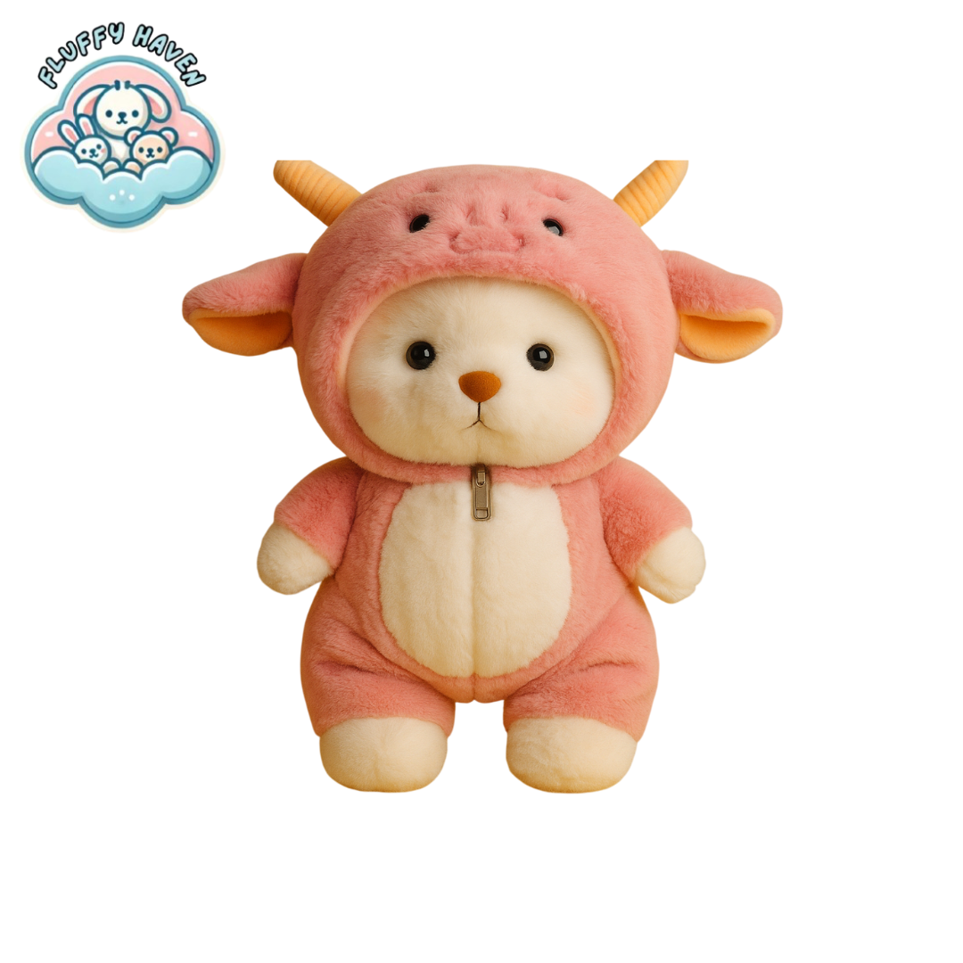 Fluffy Haven Pink Dino Bear plush in a cute dinosaur hoodie, ideal for gifting, hugging, and decorating.