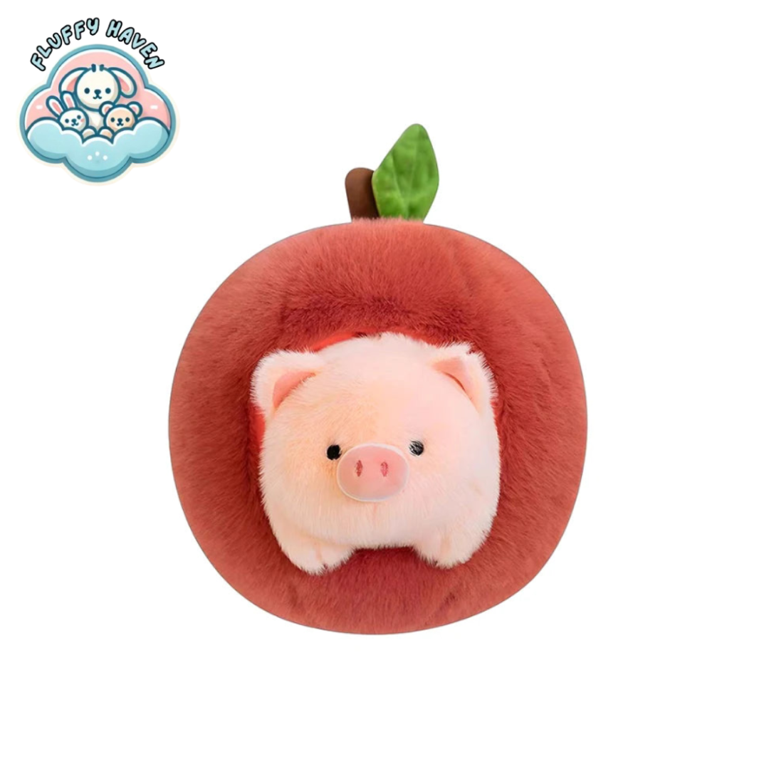 Front view of Piggy Puff™ plush toy with cute pig face inside round fruit shell, Fluffy Haven logo included