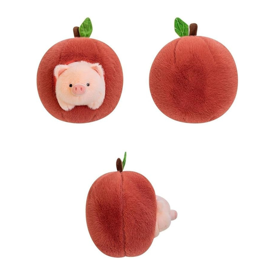 Piggy Puff™ plush toy showing front pig face and back piggy bottom side-by-side in fruit-like shell