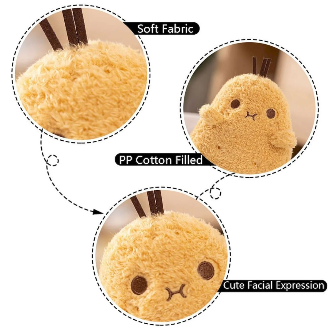 Size reference for Snug Spud™ plush toy by Fluffy Haven, showcasing adorable dimensions with measurement labels