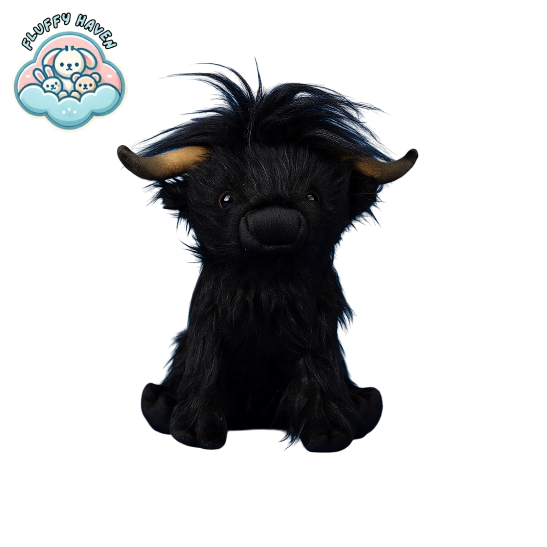 Fluffy black Wooly Moo™ plushie from Fluffy Haven, Highland cow stuffed toy with cuddly fur