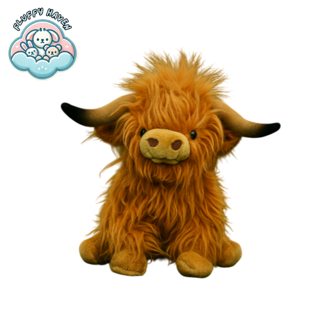 Adorable brown Highland cow plushie toy Wooly Moo™ from Fluffy Haven, soft and fluffy stuffed animal