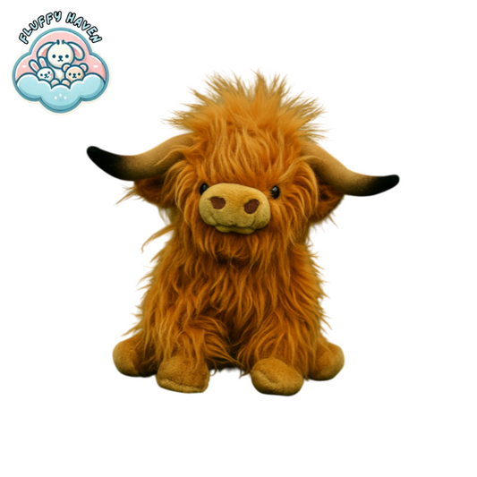 Adorable brown Highland cow plushie toy Wooly Moo™ from Fluffy Haven, soft and fluffy stuffed animal