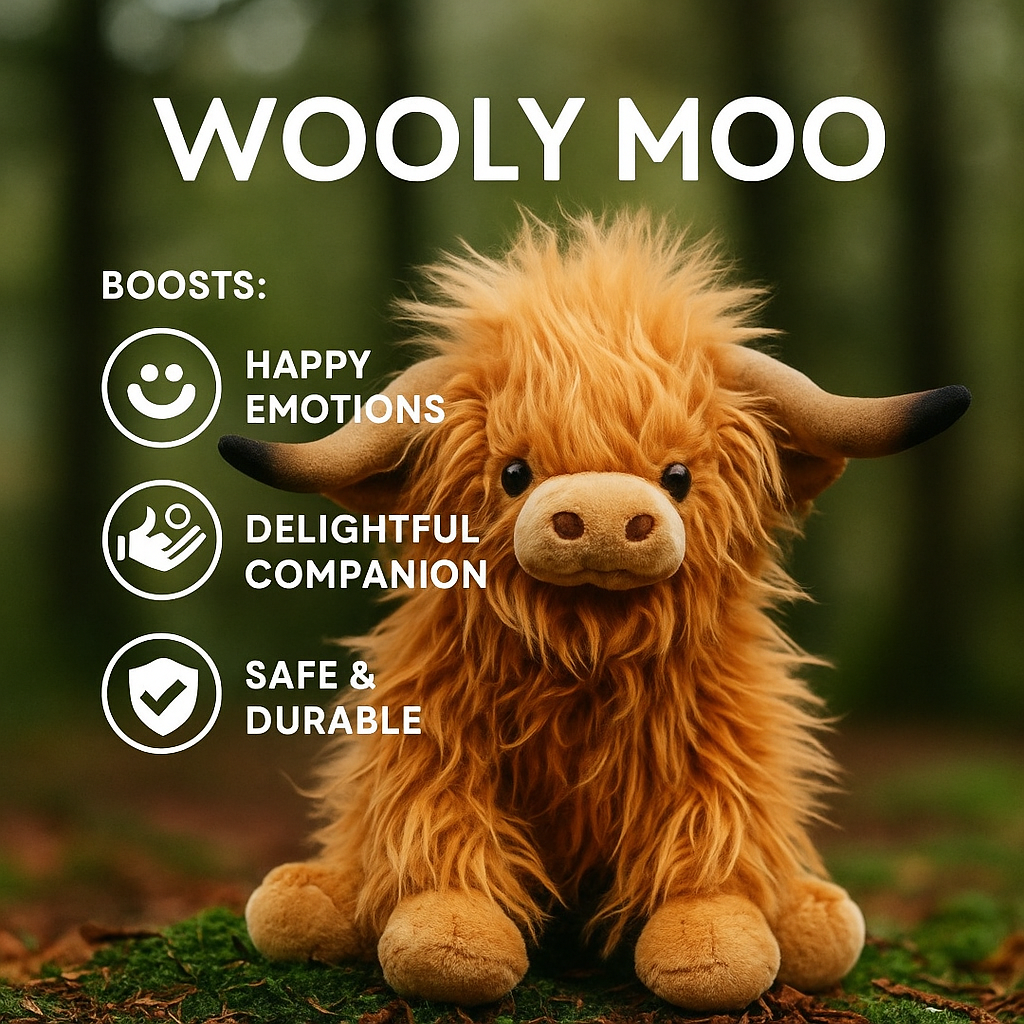 Fluffy brown Wooly Moo™ plushie with soft texture, cuddly design, and collectible packaging from Fluffy Haven
