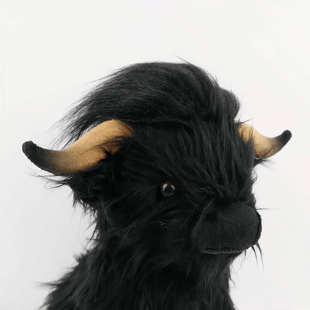 Back view of black Wooly Moo™ Highland cow plushie showing realistic fur and horns, by Fluffy Haven