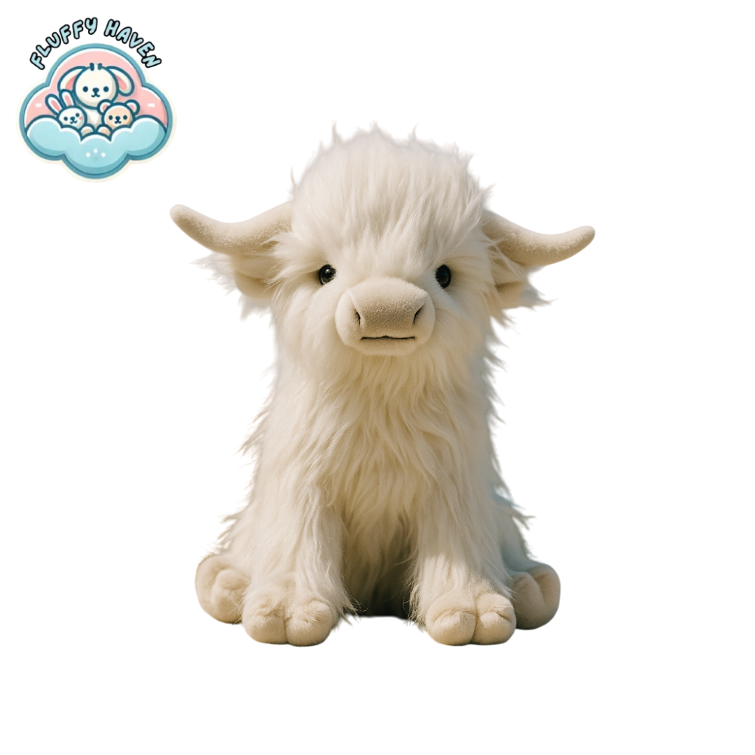 Cute white Highland cow plushie Wooly Moo™ by Fluffy Haven, ultra-soft stuffed animal for kids and collectors