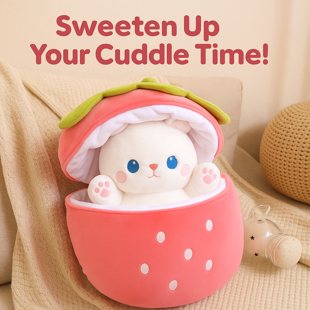Bunny Berry™ plush in strawberry pouch with text “Sweeten Up Your Cuddle Time” – ideal for highlighting comfort.