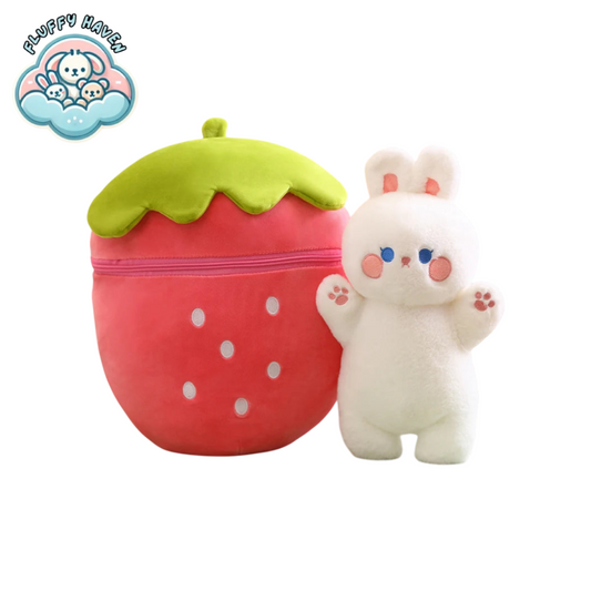 Bunny Berry™ plush toy and strawberry storage pouch side by side – soft, cute, and perfect for gifting.