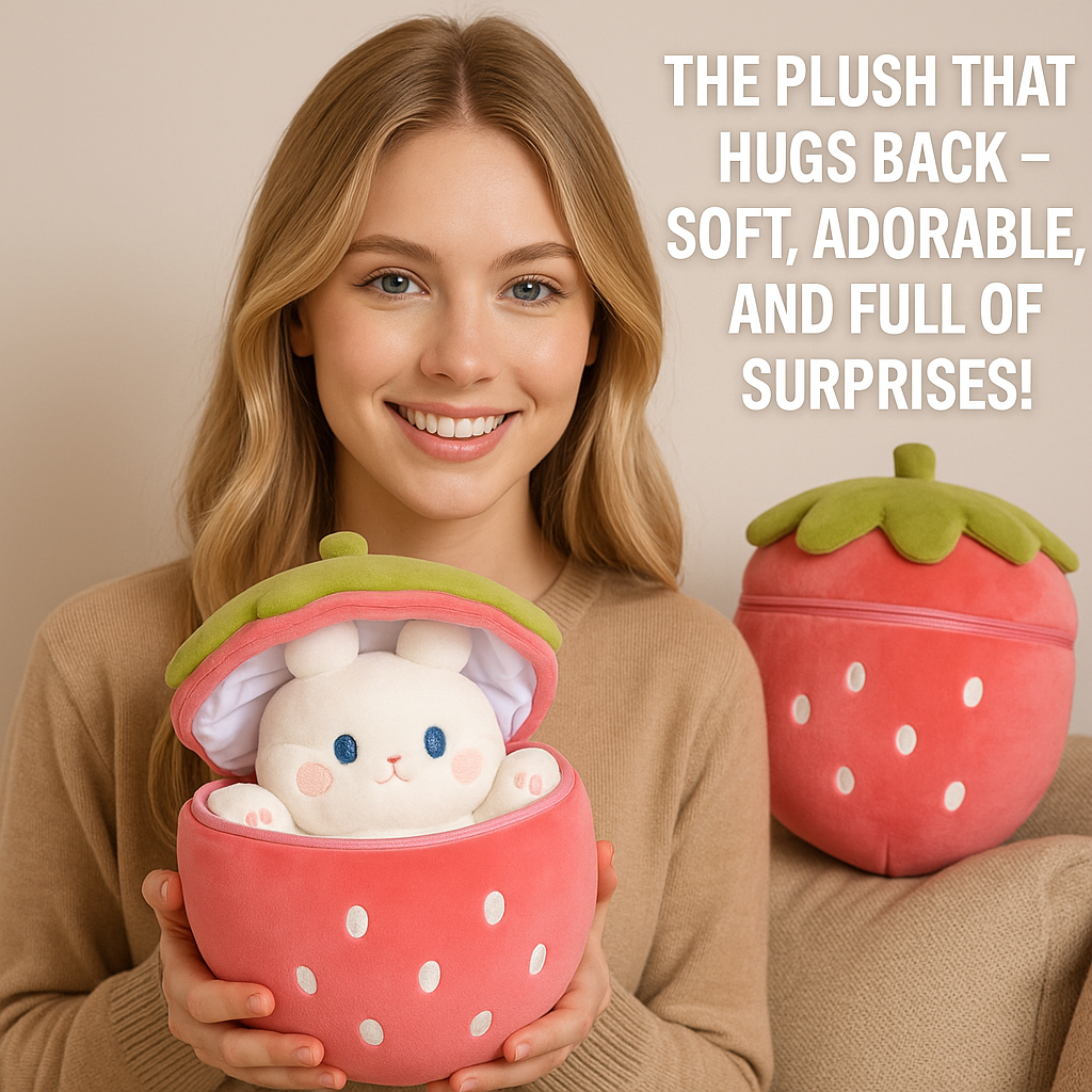 Smiling blonde woman holding Bunny Berry™ plush inside strawberry pouch – great for demonstrating size and appeal.