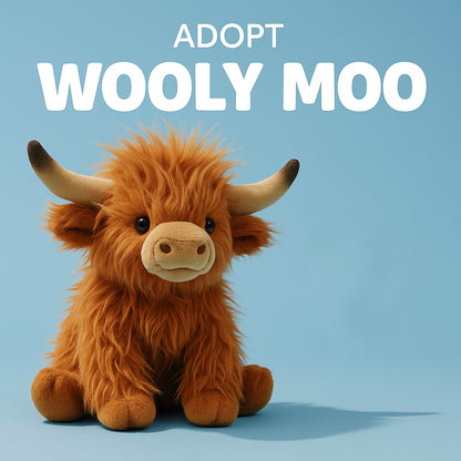 Fluffy brown Wooly Moo™ plushie on light blue background with "Adopt Wooly Moo" text from Fluffy Haven