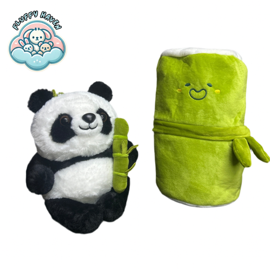 Adorable Bamboo Buddy™ plush toy with a panda hugging its green bamboo companion from Fluffy Haven



