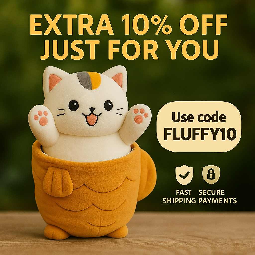 Cute Fluffy Cat plushie from Fluffy Haven held in hand, featuring soft fur and pink paw details, perfect for gifting, cuddling, or decoration.

