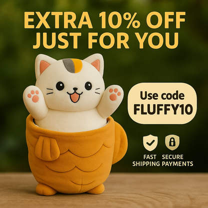 Cute Fluffy Cat plushie from Fluffy Haven held in hand, featuring soft fur and pink paw details, perfect for gifting, cuddling, or decoration.

