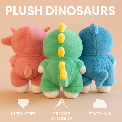 Back view of Fluffy Haven Dino Bear plush collection in pink, green, and blue, showing soft textures and fun dino designs.