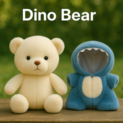 Cream plush bear from Fluffy Haven next to a removable dinosaur costume hoodie, showcasing versatility and fun transformation.