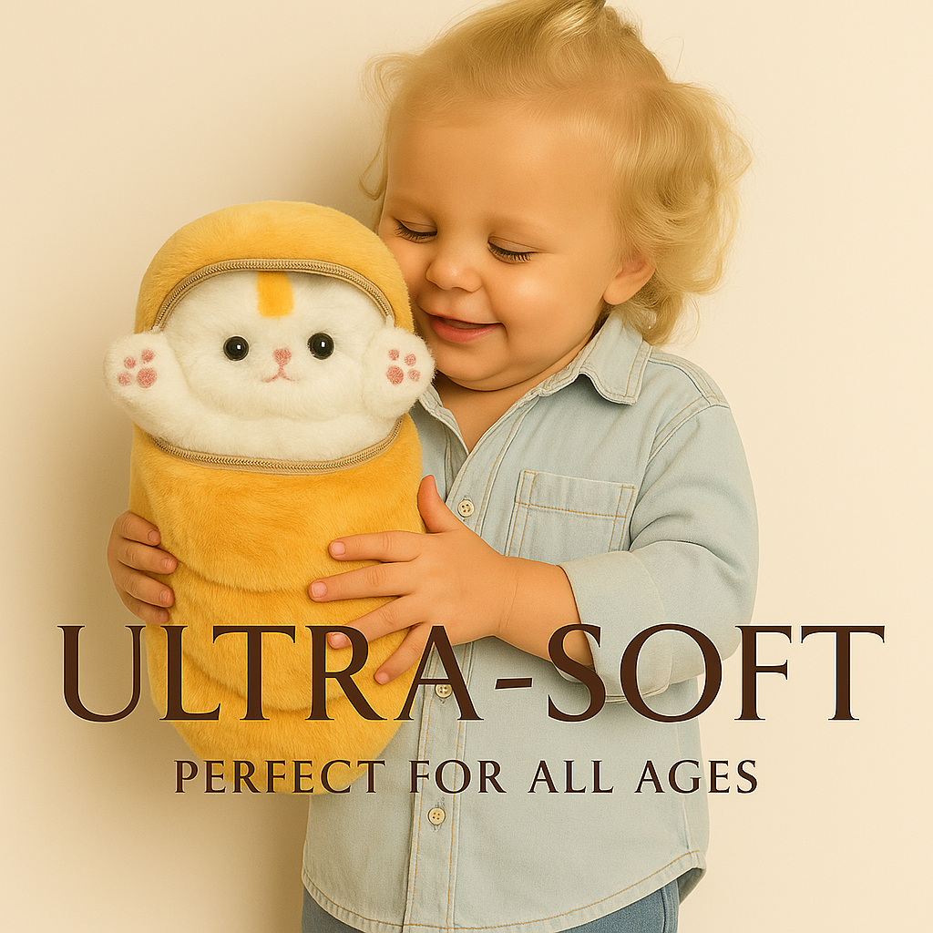A smiling toddler holding the Fluffy Cat plushie from Fluffy Haven – an ultra-soft, orange and white cat-shaped plush toy, perfect for children and collectors.
