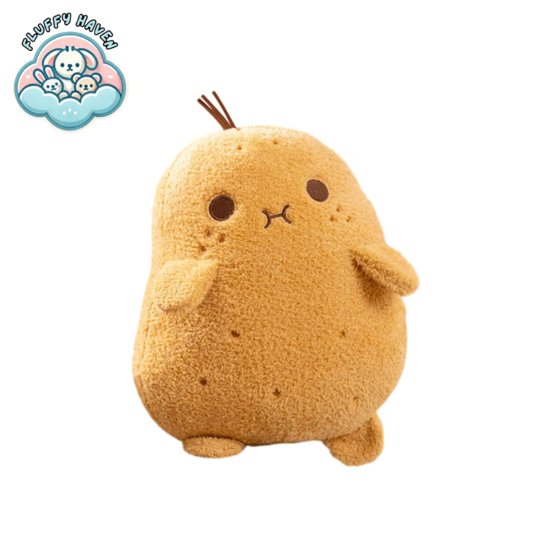 Snug Spud™ plush potato toy by Fluffy Haven, soft brown plushie with embroidered face and kawaii charm