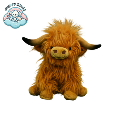 Adorable brown Highland cow plushie toy Wooly Moo™ from Fluffy Haven, soft and fluffy stuffed animal