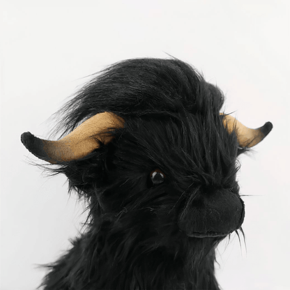 Back view of black Wooly Moo™ Highland cow plushie showing realistic fur and horns, by Fluffy Haven